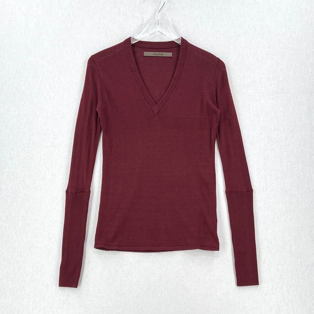 ENZA COSTA Fine Cashmere Knitted V-neck Sweater Womens Small Medium Burgundy NEW